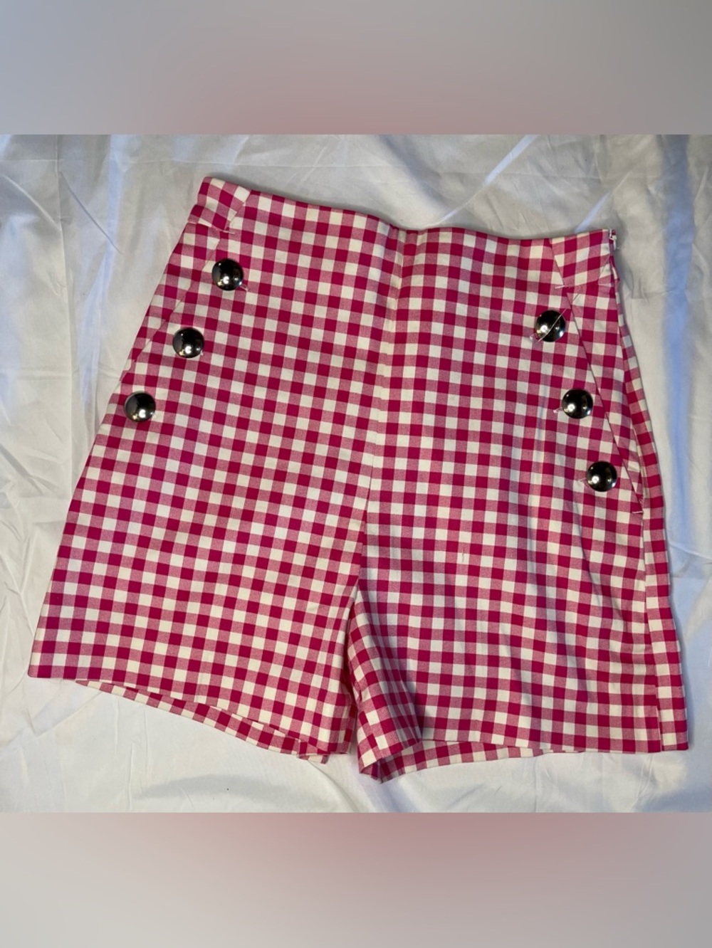 Zara Pink and White Gingham High-Waist Button-Trim Shorts